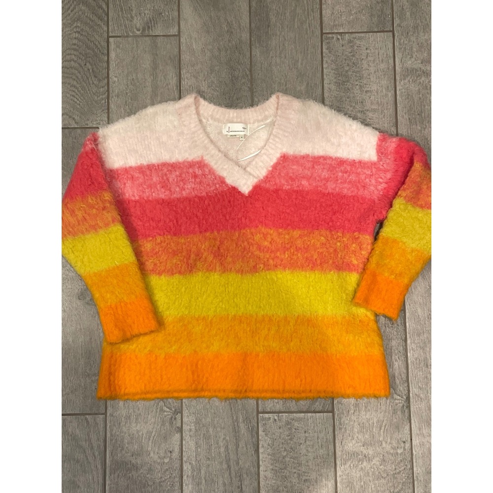 Anthropologie Simone Striped Fuzzy V-Neck Sweater‎ Sunset  M